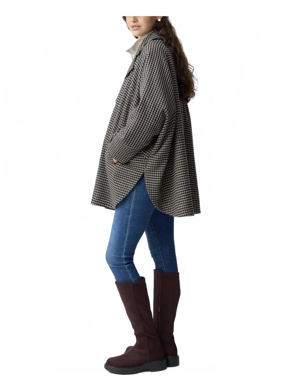 Uniqlo GU COZY MELTON Checked Cape Coat NWT Black Brown XS - Picture 2 of 7